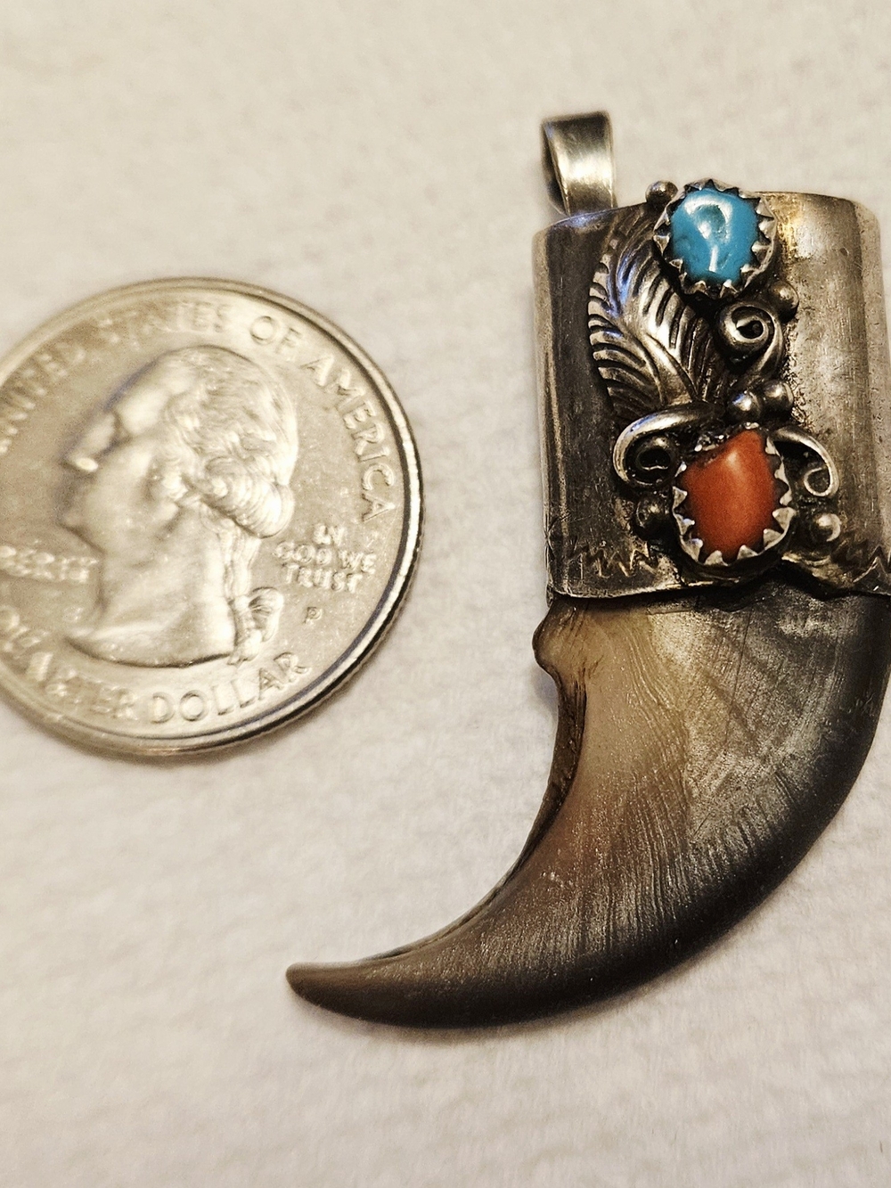 Sterling Silver Turquoise & Coral Horn Pendant - Women Jewelry